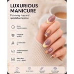 Lavender Purple Hand‑Painted Floral Press‑On Nails, Short Square Oval False Nails With Yellow French Tip & Pearl Decor, Cute Style